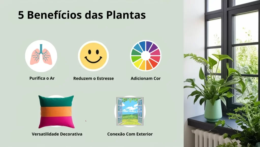 Infográfico com cinco benefícios das plantas, ilustrado com ícones: purificação do ar, redução do estresse, adição de cor, versatilidade decorativa e conexão com o exterior, ao lado de uma foto de plantas próximas a uma janela.