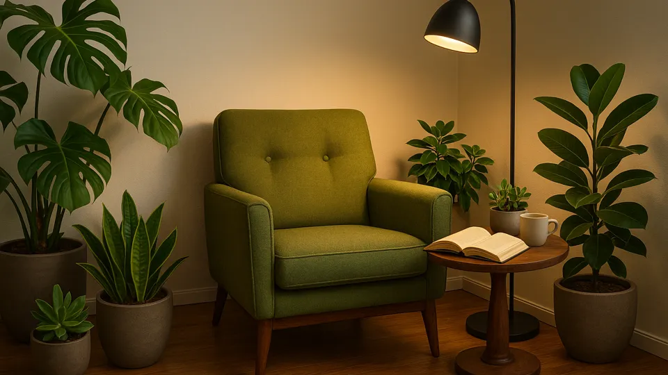 Canto aconchegante de leitura com poltrona verde, mesa lateral com livro aberto e xícara de chá, cercado por plantas variadas e iluminado por uma luminária de piso.