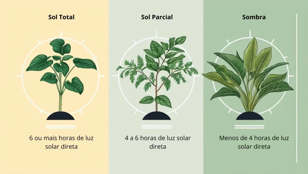 Diagrama ilustrando tipos de iluminação para plantas: sol total com mais de 6 horas de luz solar direta, sol parcial com 4 a 6 horas, e sombra com menos de 4 horas de luz solar direta.