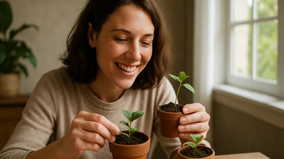 Pessoa sorrindo enquanto examina pequenas mudas em vasos de barro, sob luz natural, criando uma atmosfera acolhedora para iniciantes na jardinagem.