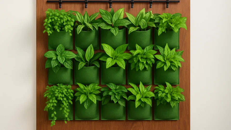 Jardim vertical com painel de madeira e bolsos de feltro preenchidos por plantas de folhagem verde, instalado em parede branca, com sistema de gotejamento discreto no topo.
