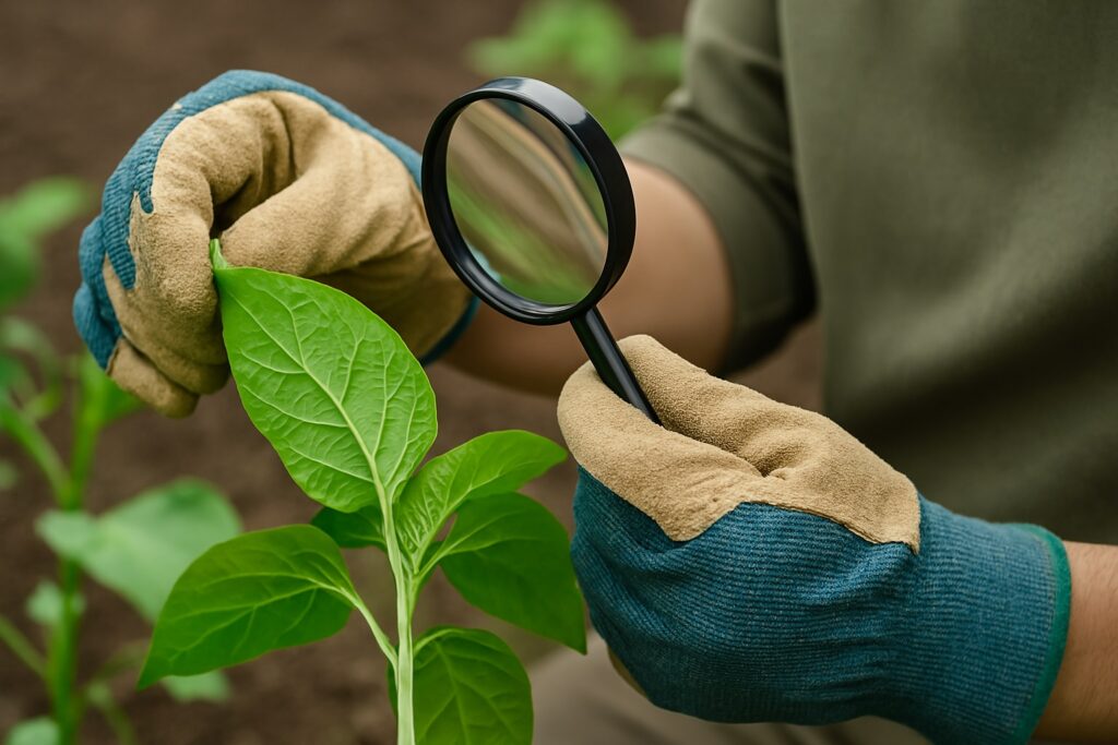 Agricultor com luvas examinando uma folha verde com uma lupa em ambiente de plantação.