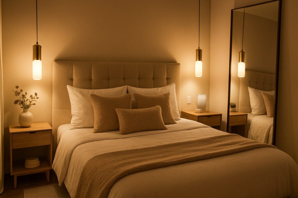Um aconchegante quarto de casal com iluminação suave e acolhedora, exibindo uma decoração equilibrada com paleta de cores neutras.