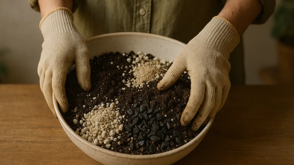 Mãos com luvas de jardinagem misturando substrato para suculentas em uma tigela, com terra, areia, pedriscos e carvão visíveis.