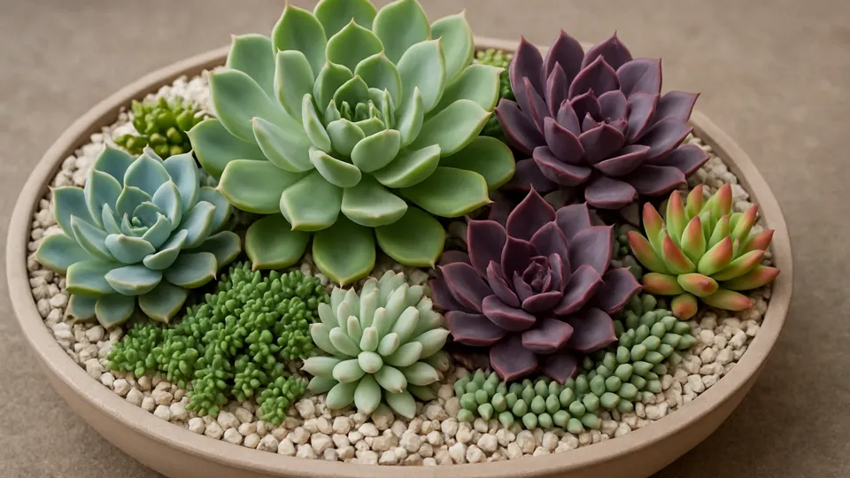 Mini jardim decorativo de suculentas em recipiente baixo e largo, com plantas variadas sobre pedriscos brancos formando um arranjo harmonioso.