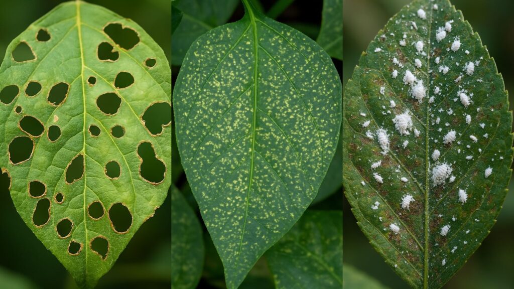 Três folhas com sinais distintos de doenças ou pragas a primeira com furos irregulares, a segunda com manchas amarelas pontilhadas e a terceira com acúmulo de cochonilhas.
