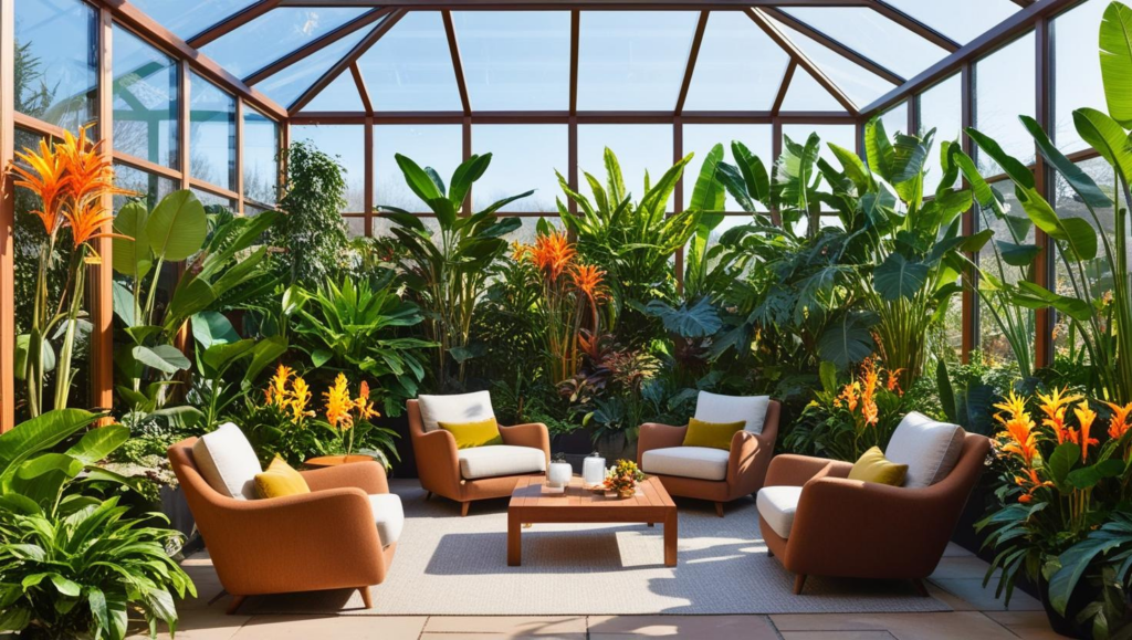 Um jardim de inverno com paredes de vidro que deixam entrar abundante luz natural, destacando uma variedade de plantas tropicais e mobiliário aconchegante