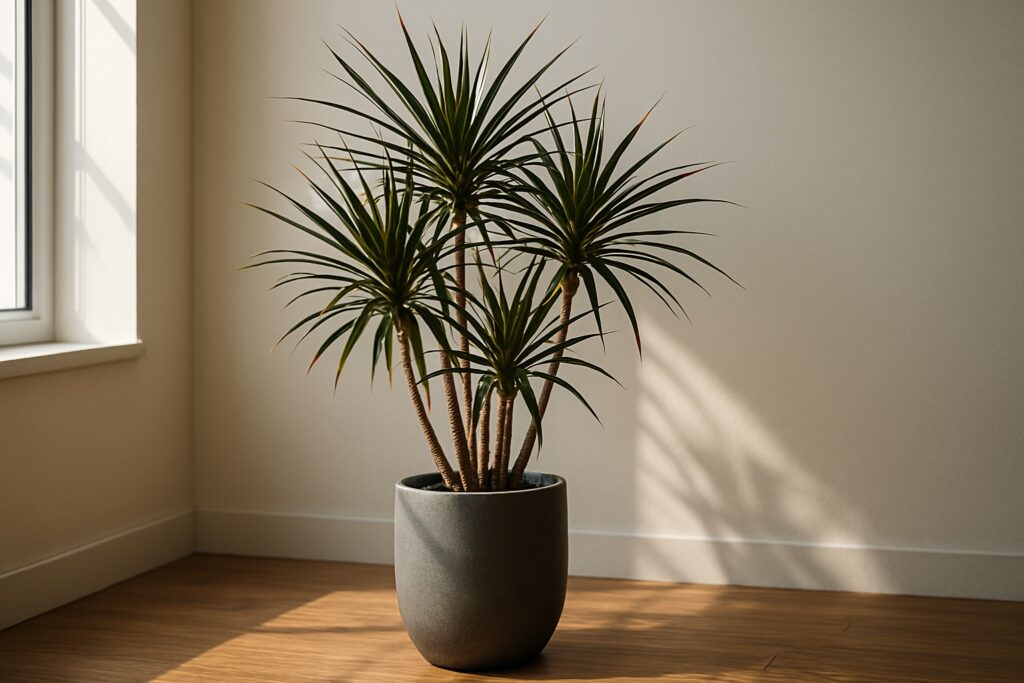 Uma elegante Dracaena marginata com múltiplos caules finos e folhas lineares verde-escuras com bordas avermelhadas, em um vaso cilíndrico minimalista cinza.