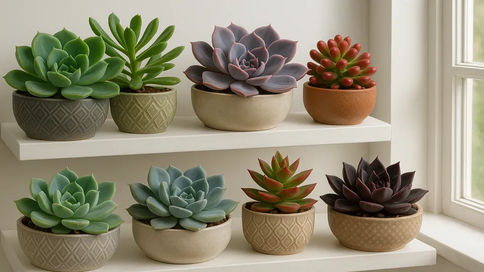 Variedade de suculentas em vasos decorativos dispostos em prateleiras brancas próximas a uma janela, com luz natural destacando suas cores e texturas.