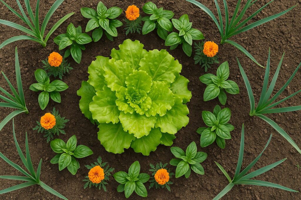 Vista superior de uma horta com plantio em círculos concêntricos, com alface no centro, rodeada por manjericão, cravo-de-defunto e plantas de alho nas bordas.