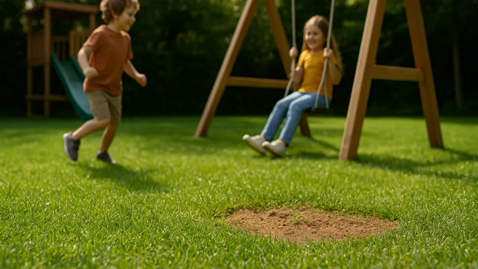 Gramado de grama Bermuda em playground com crianças brincando, destacando sua textura densa e resistência ao pisoteio.