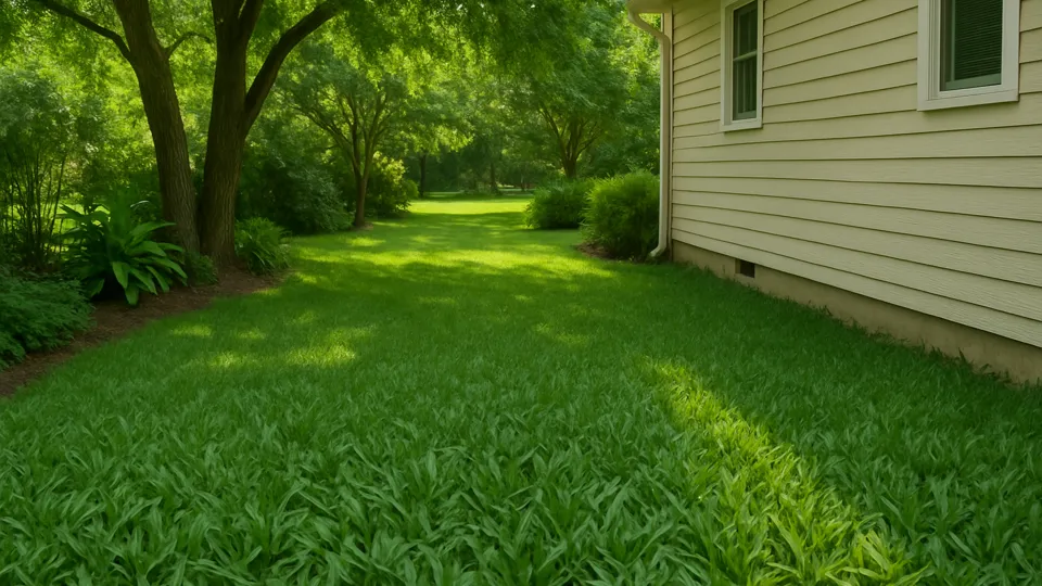 Jardim lateral sombreado com gramado de grama Santo Agostinho, folhas largas e verdes crescendo saudáveis sob a sombra de árvores frondosas ao lado de uma casa.