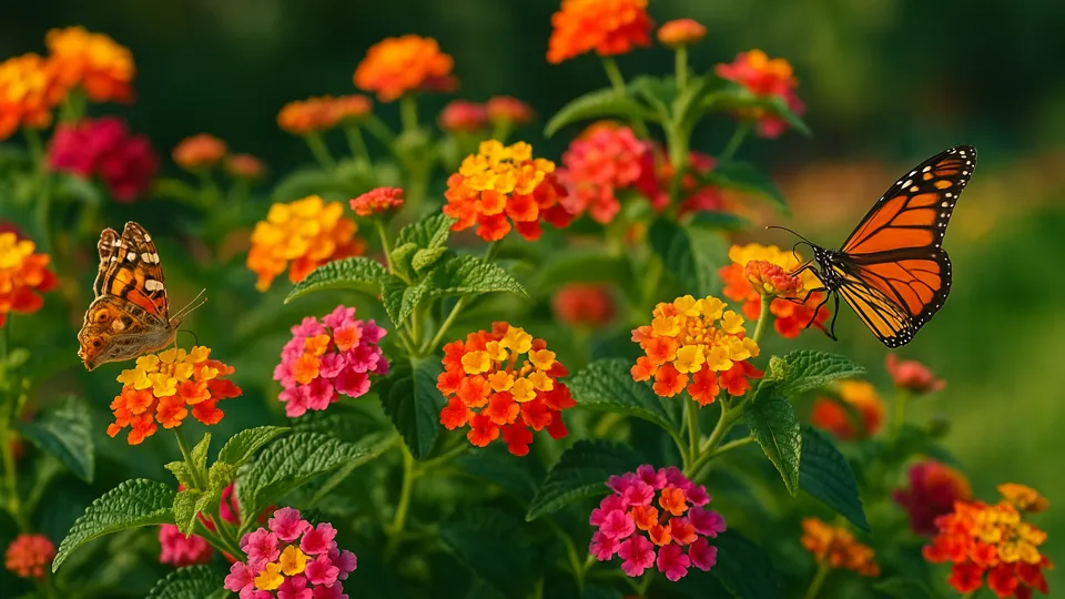 Arbusto de lantana em plena floração com flores em tons de amarelo, laranja e vermelho, com borboletas pousadas sobre os cachos multicoloridos.