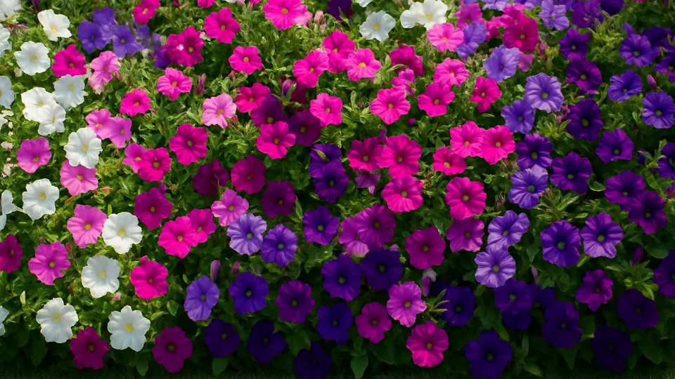Canteiro repleto de petúnias em plena floração, com flores em formato de trombeta nas cores branco, rosa, lilás e roxo, formando um tapete floral vibrante.
