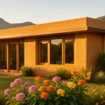 Casa moderna feita com adobe e detalhes em madeira e bambu, integrada à paisagem com jardim florido e montanhas ao fundo ao entardecer.