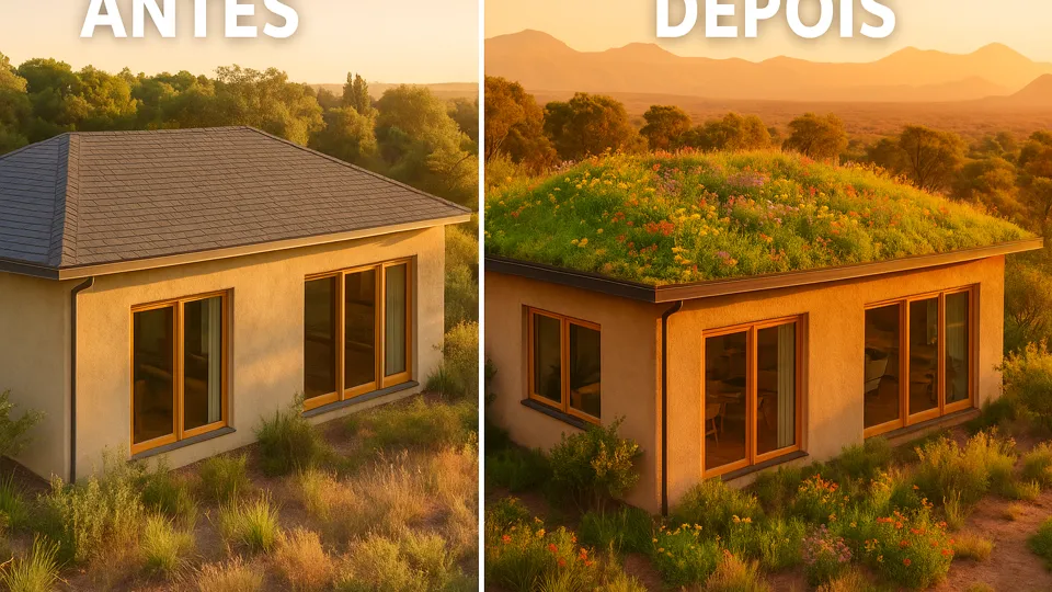 Comparação lado a lado de uma casa antes e depois da instalação de um telhado verde florido, mostrando a transformação visual e integração com a paisagem.