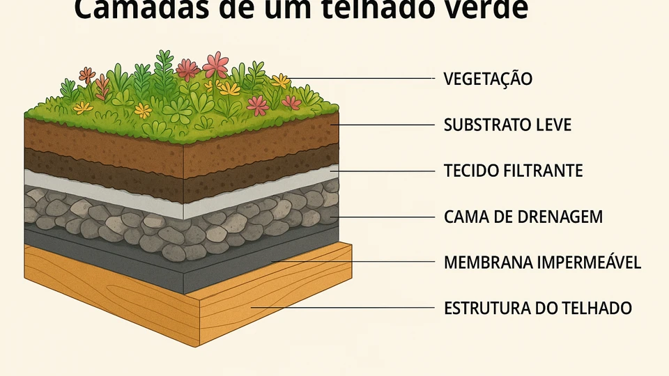 Ilustração técnica em corte das camadas de um telhado verde: estrutura do telhado, membrana impermeável, camada de drenagem, tecido filtrante, substrato leve e vegetação com flores silvestres.