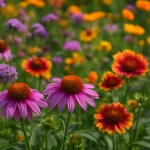Close-up de um jardim exuberante com flores coloridas em plena floração, exibindo diversidade de cores, formatos e texturas com fundo levemente desfocado.