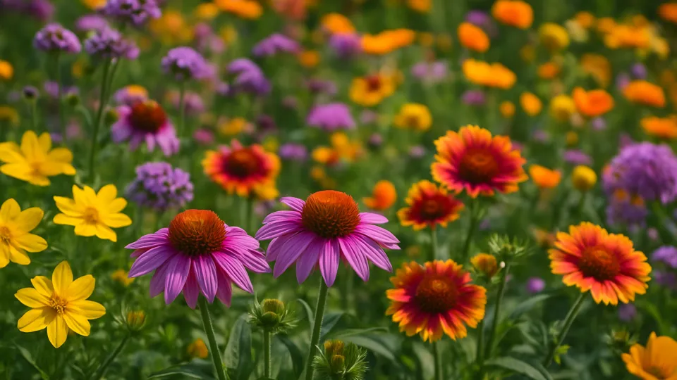 Close-up de um jardim exuberante com flores coloridas em plena floração, exibindo diversidade de cores, formatos e texturas com fundo levemente desfocado.