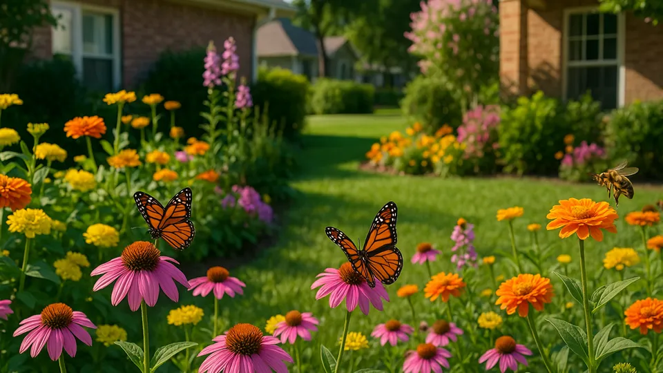 Jardim residencial com canteiros floridos em plena floração, visitados por borboletas e abelhas, demonstrando o papel ecológico das flores perenes.