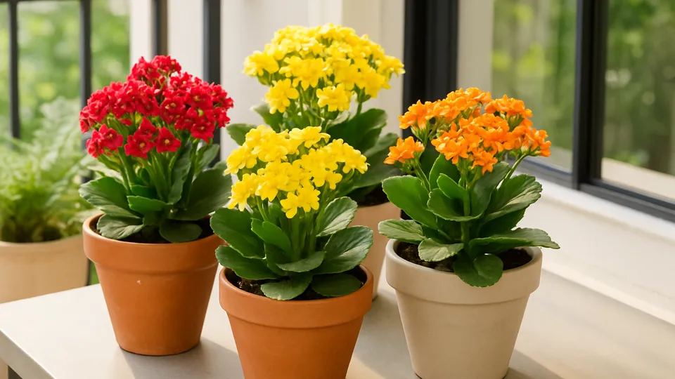 Arranjo de vasos com kalanchoes vermelhos, amarelos e laranjas sobre uma varanda bem iluminada, mostrando suas folhas suculentas e cachos florais vibrantes.