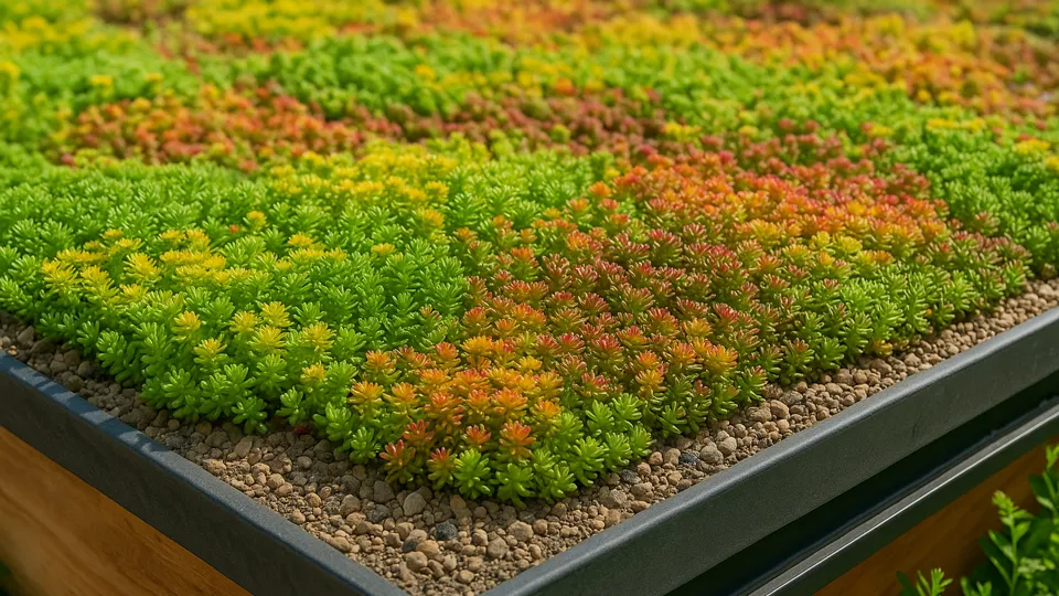 Close-up de um telhado verde extensivo com vegetação rasteira composta por sedums coloridos e pequenas suculentas sobre uma fina camada de substrato e bordas com acabamento técnico.