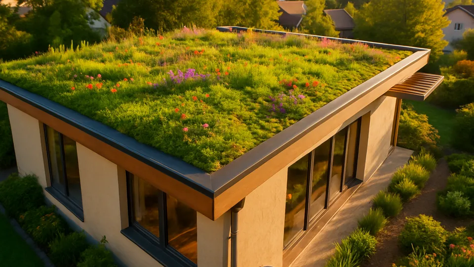 Vista aérea de uma casa moderna com telhado verde florido, sem painéis solares, iluminada pelo sol da tarde e integrada à paisagem com vegetação ao redor.